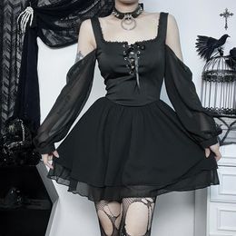 Casual Dresses Gothic Lace-Up Kawaii Mini Dress Women's Harajuku Retro High Waist Tie Neck A-Line Long Mesh Sleeve Chiffon