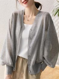 Women's Knits Tees Cardigan Women Thin Sun-proof Summer Knitted Simple Casual Solid Temperament Single Breasted Sheer Vacation Mujer Clothes Ropa 230826