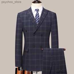 Boutique 5XL (Blazer + Trousers) Men's Suit Fashion Business Casual Plaid Italian Style Slim Formal Dress Wedding Men's 2-piece Q230828