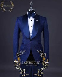 Tailor-Made Men Suit 2 Pieces Classic Navy Blue Jacquard Wedding Suit for Men 2023 Slim Fit Groom Tuxedos Come Mariage Homme Q230828