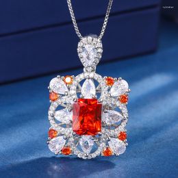 Pendant Necklaces EYIKA Charm Square Created Ruby Necklace Green Fusion Stone Orange Zircon Flower Wedding Jewelry Gift For Women