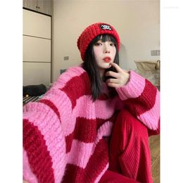 Women's Sweaters Y2K Korean Style Striped Oversize Pink Sweater Women Punk Streetwear Harajuku Hip Hop Jumper Female Red Top Winter 2023