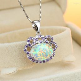 Pendant Necklaces Luxury Big Oval Stone Flower White Fire Opal For Women Silver Colour Orange Purple Zircon Bride Wedding Jewellery