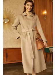 Women's Wool Blends 100% Pure Cashmere Coat Women Oatmeal Water Ripple Double-Sided Autumn Winter Long Warm Fashion Woollen Coat 230826