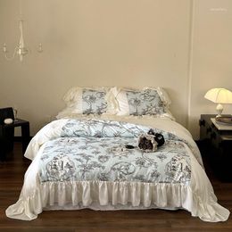 Bedding Sets Vintage French Style Printing Set Lyocell Fibre And Cotton Soft Silky Lace Ruffles Duvet Cover Bed Sheet Pillowcases