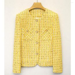 Women's Jackets 2023 Spring Autumn France Style High Quality Elegant Pockets Yellow Plaid Tweed Short Coat F093