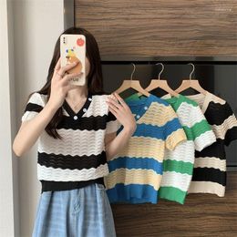 Women's Sweaters Summer Korean Style Ladies Female Clothing Trendy Fashion Elegant Casual Tees Office Lady V Neck Striped T Shirt Tops