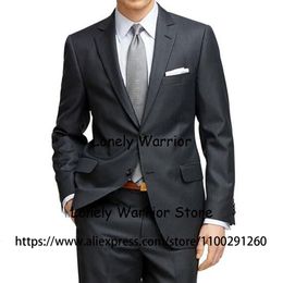 Men s Suits Blazers Handsome Dark Grey Stripe Mens Business Blazer Hombre Slim Fit Groom Tuxedo 2 Piece Set Daily Jacket Pants Costume Homme 230828