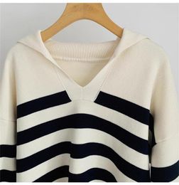 Women's Sweaters 2023 Navy Collar Striped Knit Sweater Autumn And Winter Loose Lazy Style Long Sleeve Drop Shoulder