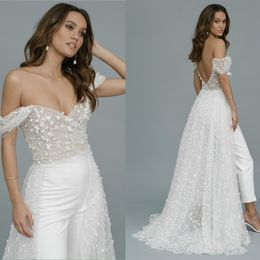 Urban Sexy Dresses Wedding Jumpsuit with Long Train Lace 3D Custom Made Appliqued Sequins Bridal Pants Suit Off the Shoulder Vestidos De Novia 230828