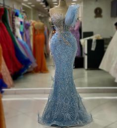 August Aso Ebi Sky Blue Mermaid Prom Dress Beaded Crystals Sexy Evening Formal Party Second Reception Birthday Engagement Gowns Dresses Robe De Soiree Es