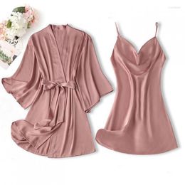 Women's Sleepwear 2PCS Kimono Gown Set Women Sexy Robe Strap Nightdress Suit Summer Bathrobe Rayon Home Clothes Nightsuits Loungewear