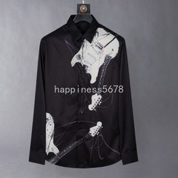 2023 Autumn Luxury Guitar Printed Shirt Men Fashion Slim Long Sleeved Casual Business Shirts Formal Social Party Tuxedo Blouse