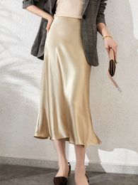 Skirt High Waisted Skirt Silk Satin A Line Elegant Pink Midi Korean Style Pencil Skort 2023 230828