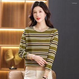 Women's Sweaters Romantic Style Women Contrasting Colour Striped Pullover O-Neck Green Red Horizontal Stripe Soft Tops Cosy Knitwear 2023