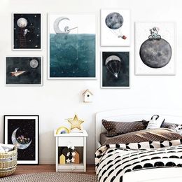 Canvas Painting Cartoon Space Astronaut Moon Posters And Prints Stars Boy Wall Art Nordic Wall Pictures For Baby Kids Bedroom Living Room Decor Gift No Frame Wo6