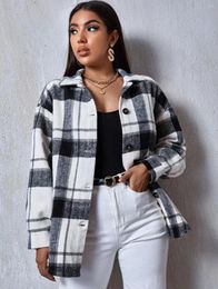 Women's Jackets Fall Plaid Work Outfits Jacket Women Korean Fashion Button Down Turndown Collar Winter Coat Long Sleeve Oversized Warm