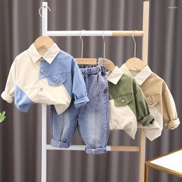 Clothing Sets 2023 Korean Spring Autumn Children Boy Two Piece Clothes Set Long Sleeve Spliced Shirt Jeans Pants Suit Toddler Baby Outfit