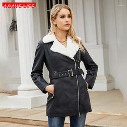 Women's Leather Autumn Winter Long Sleeve Plus Fleece Jackets Lapel Double Head Zipper Belt Thicken Warm Ladies PU Coats