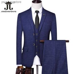 ( Jacket + Vest + Pants ) Checker Casual Business Office Mens Suit Set of Three and Two Groom Wedding Dress Plaid Suit Male Q230828