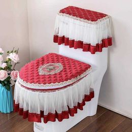 Toilet Seat Covers New European Style Home Toilet Cover 3 Pieces Set Four Seasons Universal Lace Cloth Toilet Mat Zipper Bathroom Decor Toilet RingHKD230825