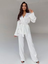 Womens Sleepwear Solid Colour Pyjamas For Women Robe Sets Full Sleeves Home Clothes Trouser Suits Satin Nightgowns Spring Loungewear 230828