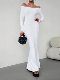 Casual Dresses Women Off Shoulder Bodycon Maxi Dress Sexy Long Sleeve Solid Color Slim Fit Ruched Summer Elegant Prom Party