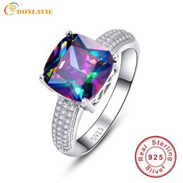 Wedding Rings BONLAVIE Luxury 7 3ct Rainbow Fire Mystic Topazs Ring With AAA Crystal S925 Sterling Silver Jewelry Charm For Women Gift 230828