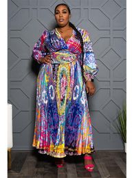 Pants Plus Size Print Loose Pleated Dress Women Sexy Deep V Neck Vintage Swing Long Sleeve Ankle Length Spring Summer African Robes