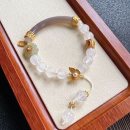 Natural Agate Bracelet Silver Gilt Inlaid Hotan Jade Tourmaline Four Leaf Grass Agate Semi Bracelet Popular Female Bracelet