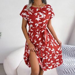 Party Dresses Ladies Spring Summer Sexy Midi Dress Floral Print Big Swing Hem Casual Beach Round Neck Pleated Knee Length Famel
