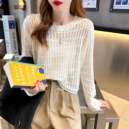 Women's Sweaters Hollow-out Thin Outer Match Colourful String High Waist Sweater Top Loose Short Summer Design Long Sleeve T-shirt Female Ins