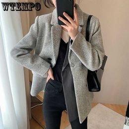 Women Herringbone Suit Wool Blended Straight Double Pocket Jacket Blazer Autumn and Winter Woollen Suits Women's Woollen Coat HKD230825