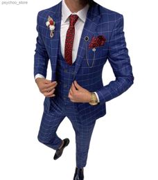Royal Blue Casual Men's Suit Slim Fit Type 3 Pieces Double Breasted Breathable TR Plaid Thin Prom Dress Jacket Party Travel Q230828
