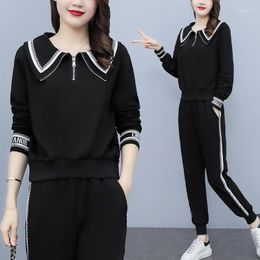 Women's Two Piece Pants Large Size 4XL Women Autum Winter Warm Slim Set Doll Collar Long Sleeve Tops And Casual Elegant Black Sportswear