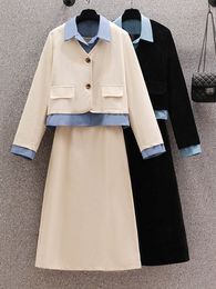 Two Piece Dress High Quality Corduroy Set Women Fake Twopiece Splicing Blazer Coat Long Skirt Korean Fashion 2 Suits 230828