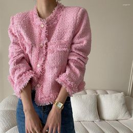 Women's Jackets Korean Fashion Pink Tassel Jacket Women Fur Edge Vintage Elegant Cardigan Outerwear Tops Ladies Button Chic Autumn Coat