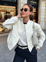 Womens Jackets Bomber jacket woman ONeck Long Sleeve with Pockets Outerwears Ladies Chic Coats Button Slim Cropped Single Breasted Coat 230828