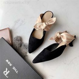 the row The * row leather low heel Muller shoes Baotou half slippers elegant bow pointed cat heel sandals women OCVU