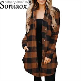 Women's Jackets Oversize Women's Plaid Shirt Jackets Long Sleeve Ladies Tops Outwear 2021 Spring Autumn Loose Women Blends Check Buttons Coats T230828