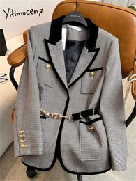 Womens Suits Blazers Yitimuceng Fashion Plaid Blazer Jacket for Women Autumn Winter Korean Vintage Long Sleeve Patchwork Casual Coat 230826