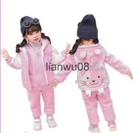 Clothing Sets Winter Girls Cartoon Cat Clothing Sets Kids Thick Warm Pants Suit Children Plus Velvet Tracksuit Toddlers Hooded Vest 3Pcs 05Y x0828