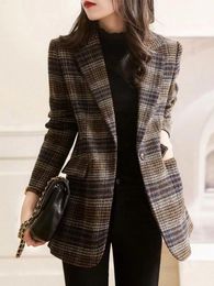 Womens Wool Blends Autumn Winter Vintage Brown Women Patchwork Plaid Woollen Blazer Coat Female Slim Long Sleeve Jacket Thick Cardigans Uterwear 230828