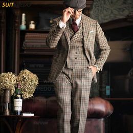 Plaid Suits Men Slim Fit Classic Lattice Printing Jacket Vest Pants 3 Pieces Retro Wedding Tuxedos Fashion Mens Business Blazer Q230828