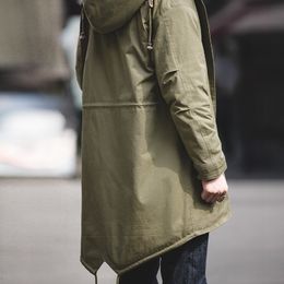 Men's Down Parkas Maden Men's Thick Hooded M-51 Fishtail Cotton Coat Plus Velvet Parka Jacket Army Green Windbreaker Winter Autumn Men Trench Coat 230828