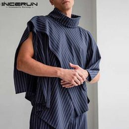 Tops 2023 American Style Fashion Men Pinstripe Vests Casual Streetwear Turtleneck Breathable Mesh Irregular Cloak S-5XL HKD230828