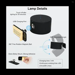 Storage Bags LED Wall Sconce Mount RGB Lamp USB Rechargeable 360°Rotate Cordless Light For Bedside Black