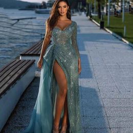 Casual Dresses European And American Luxury Women's One-Shoulder Long Sleeve High Waist Sequin Slit Party Dress