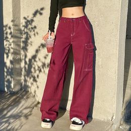 Jeans Vintage Baggy Red Cargo Jeans Streetwear Y2k Girl Korean Fashion Straight Wide Leg Pant Women Denim Trousers Overalls Pants 2023