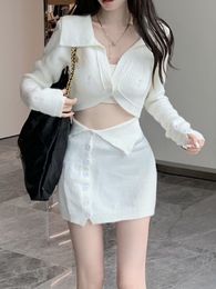 Two Piece Dress sweet Knitted Set Women Long Sleeve Short Sweater Cardigan Tops Bodycon Skirt Sets Fashion Sweet 2 Suits 230828